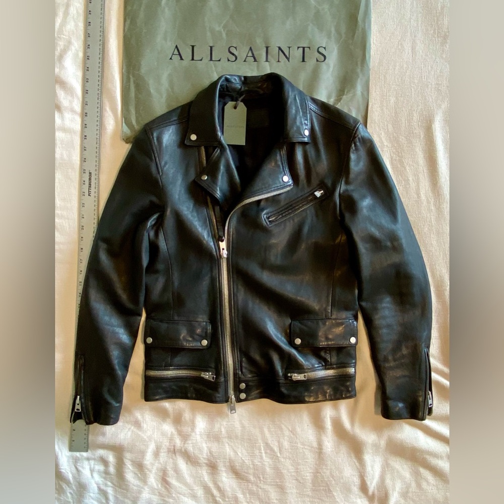 ALL SAINTS “Clay leather biker jacket”, color Ink Navy Size medium